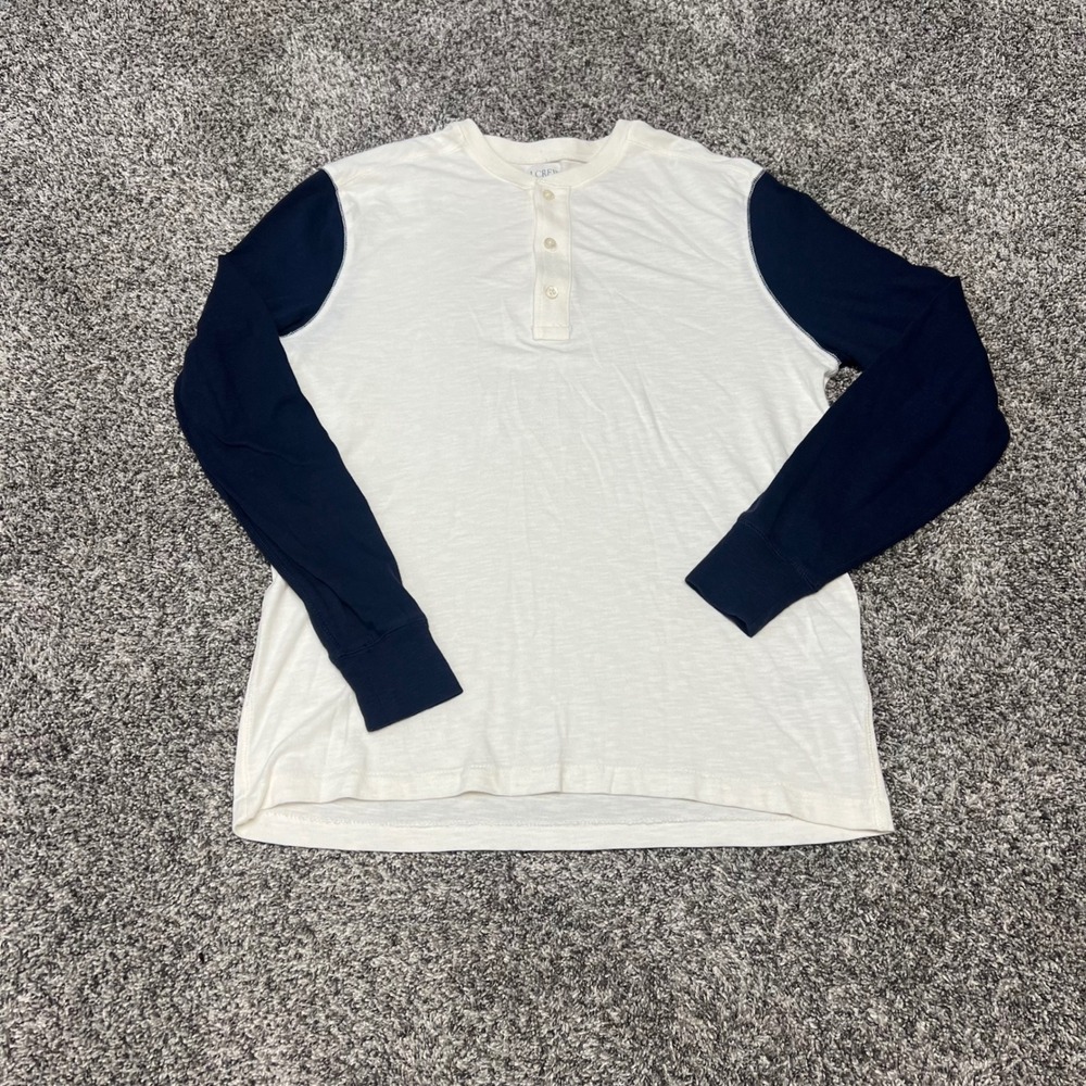 JCrew Mens M Long Sleeve Henley Shirt White Navy Colorblock Cotton Casual Preppy